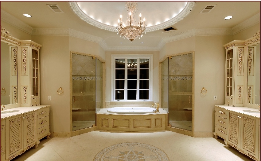 custom bathroom cabinets in Potomac, white cabinets in luxury bathroom with tub
