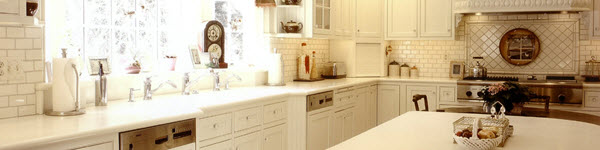 country kitchen with white cabinets