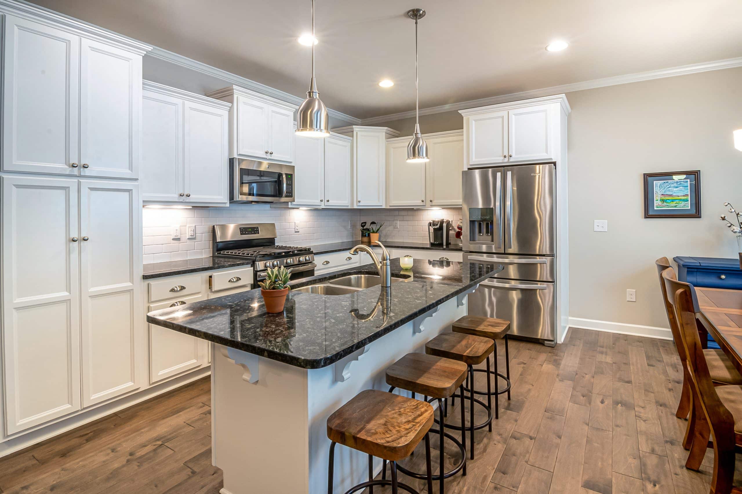 Galley kitchen island in modern home.